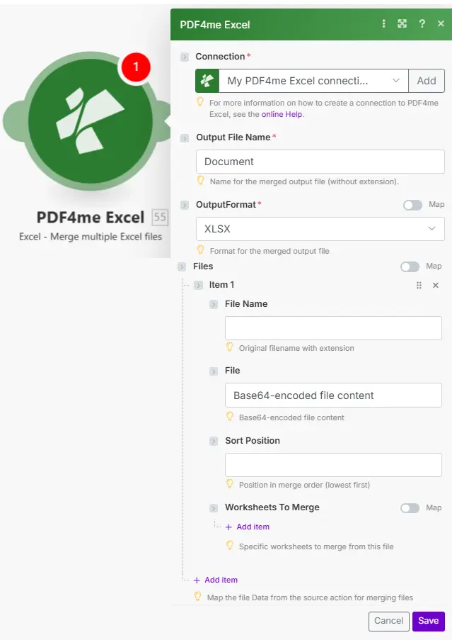 Crea il modulo PDF4me Excel Merge Files che mostra il nome del file di output, il formato di output impostato su XLSX e un elemento array Files con i campi Nome file, Contenuto file, Posizione di ordinamento e Fogli di lavoro da unire.